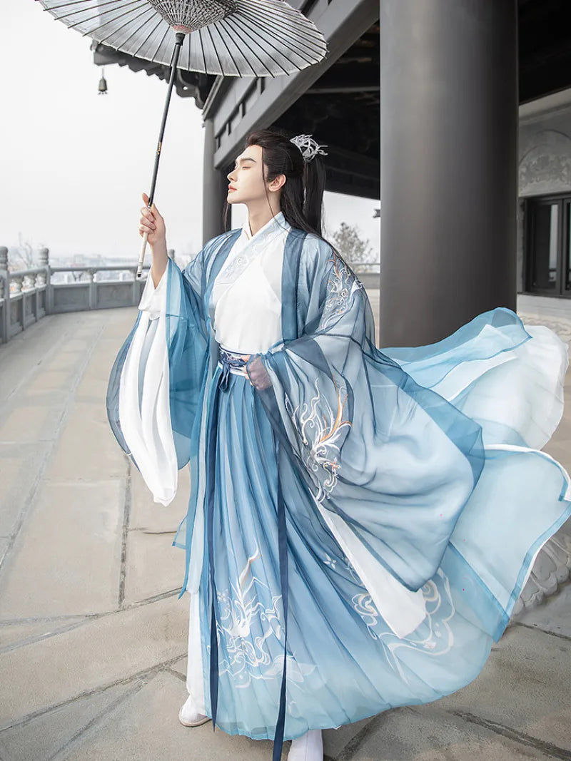 Male hanfu knight outfit with cross-collar top and flowing skirt in traditional Chinese style