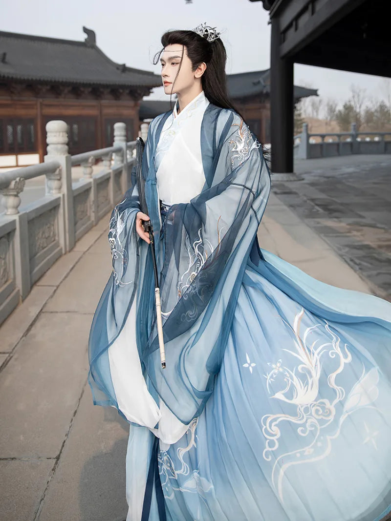 Male hanfu knight outfit with cross-collar top and flowing skirt in traditional Chinese style