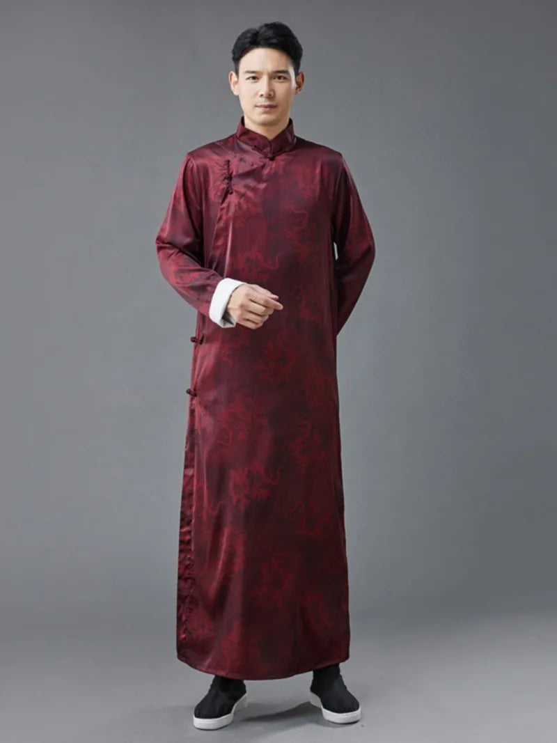 Male qipao with dragon print, silk satin long robe, loose traditional Chinese style