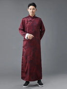 Male qipao with dragon print, silk satin long robe, loose traditional Chinese style