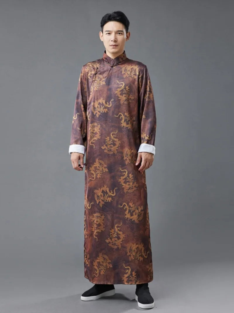 Male qipao with dragon print, silk satin long robe, loose traditional Chinese style