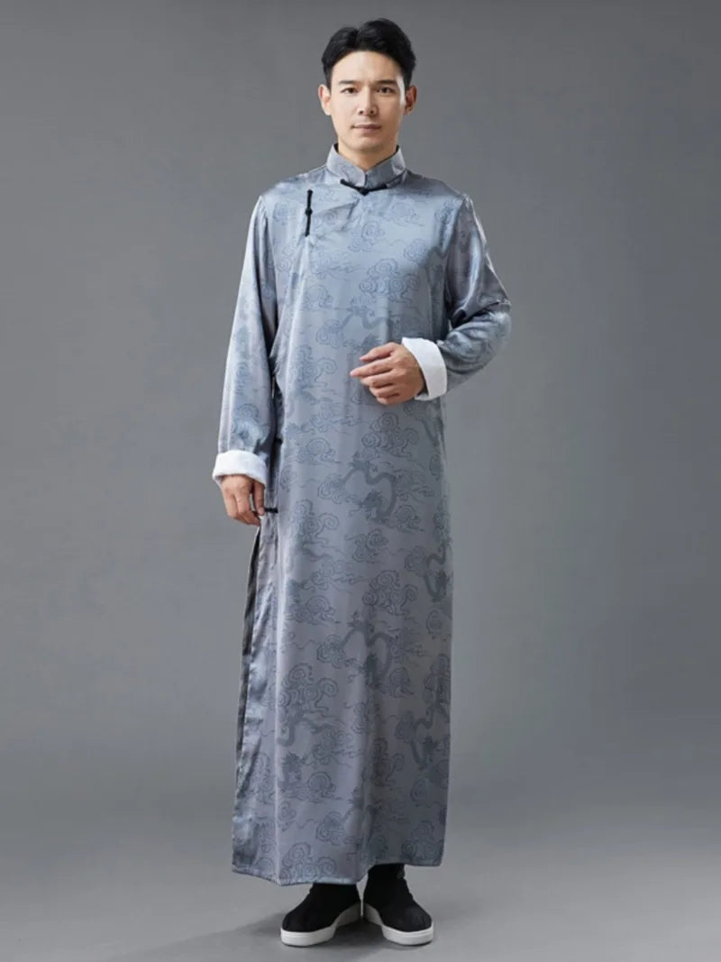 Male qipao with dragon print, silk satin long robe, loose traditional Chinese style