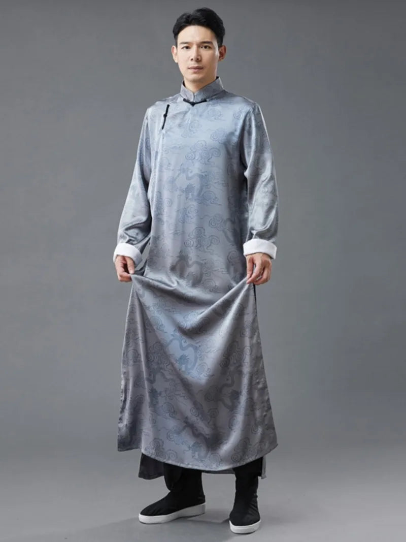 Male qipao with dragon print, silk satin long robe, loose traditional Chinese style