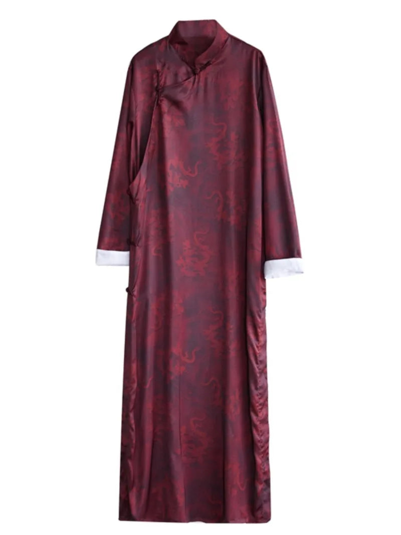 Male qipao with dragon print, silk satin long robe, loose traditional Chinese style