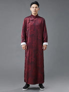 Male qipao with dragon print, silk satin long robe, loose traditional Chinese style