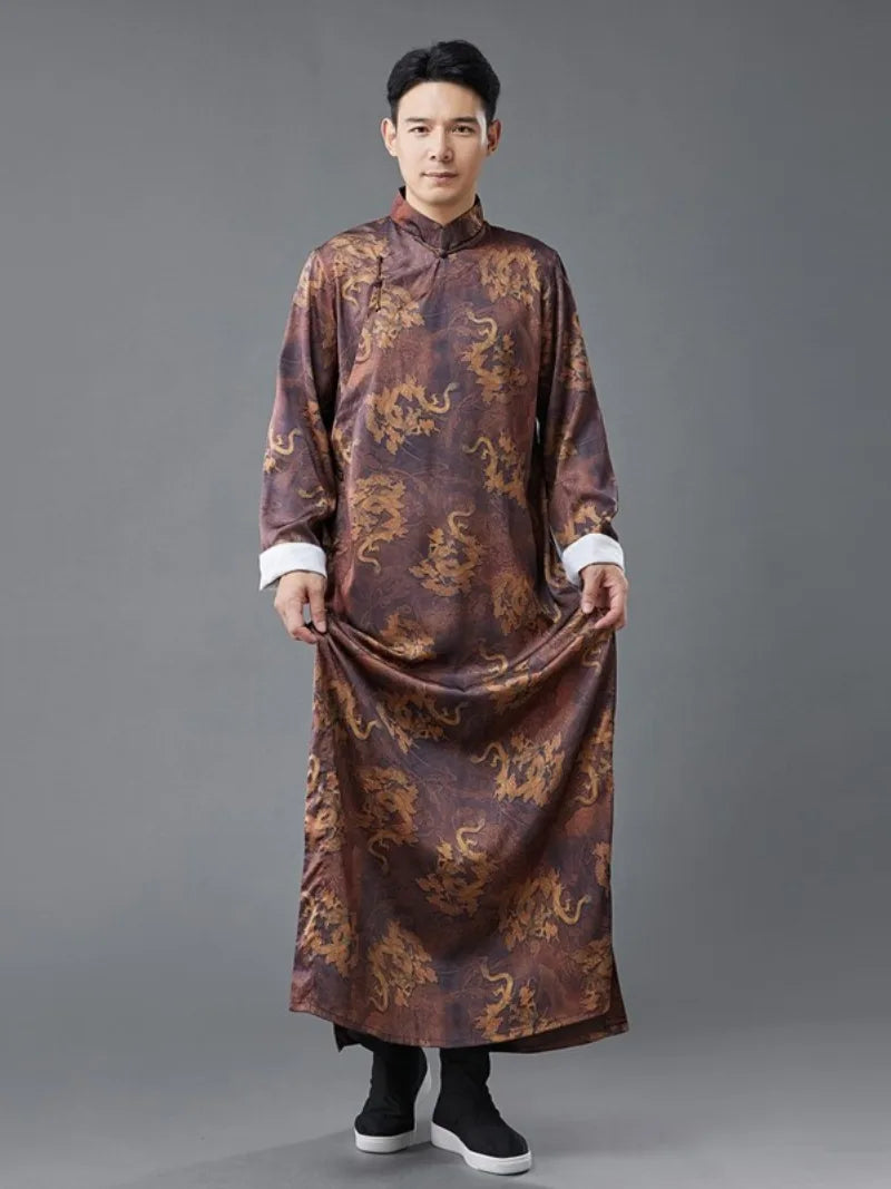 Male qipao with dragon print, silk satin long robe, loose traditional Chinese style