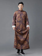 Male qipao with dragon print, silk satin long robe, loose traditional Chinese style