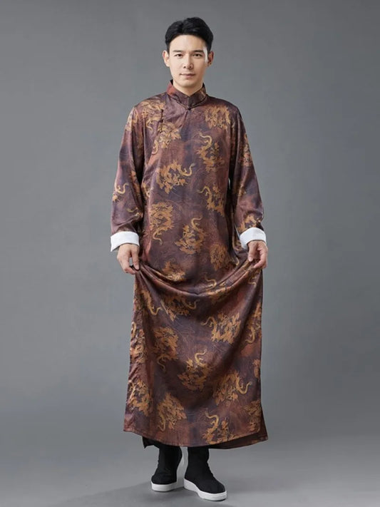 Male Qipao Dragon Print Traditional Chinese Long Robe Men