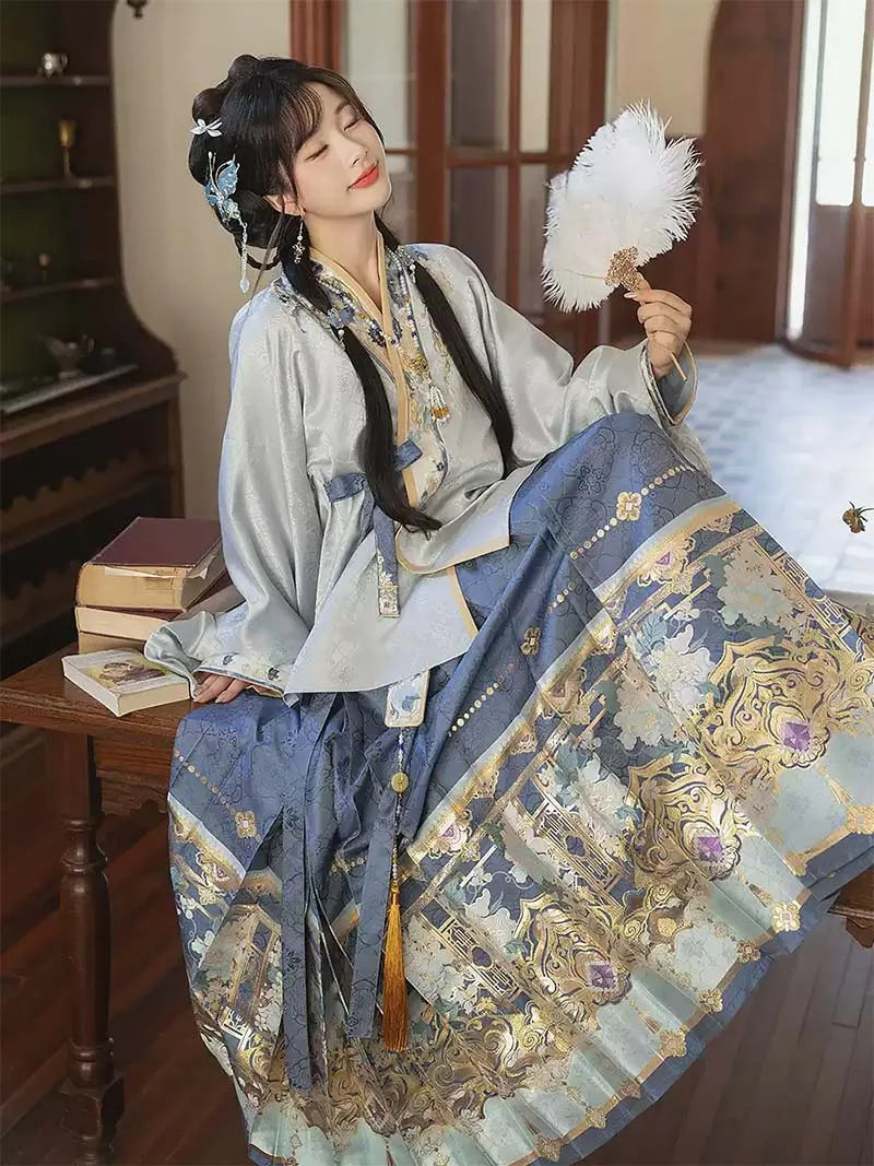 Original Ming-style Hanfu set with blue brocade Mamian Qun skirt and cross-collar short jacket for winter wear