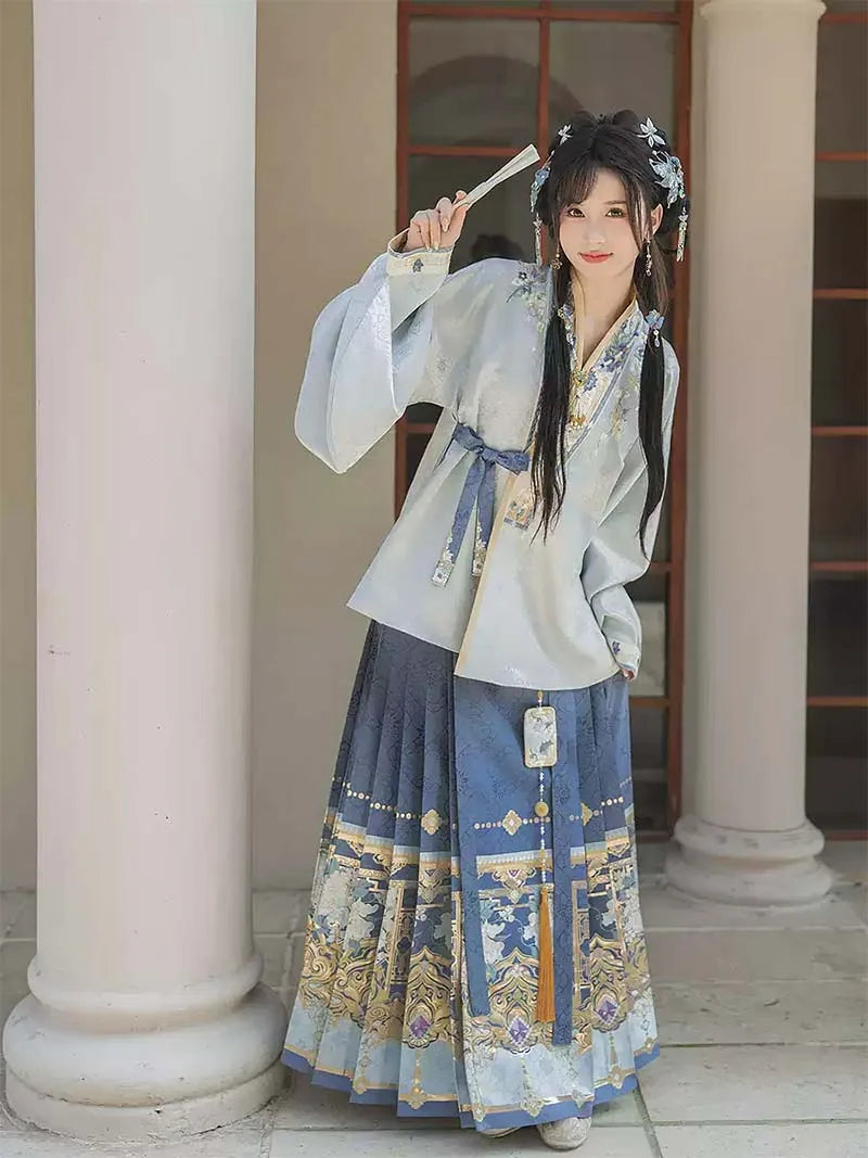 Original Ming-style Hanfu set with blue brocade Mamian Qun skirt and cross-collar short jacket for winter wear