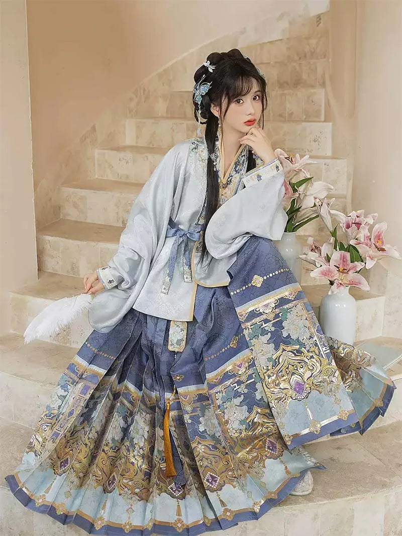 Mamian Qun | Blue Brocade Hanfu Set with Cross-Collar Jacket & Skirt