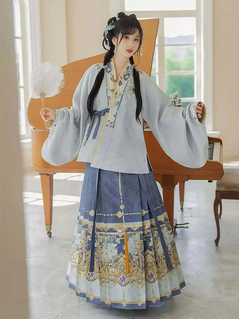 Mamian Qun | Blue Brocade Hanfu Set with Cross-Collar Jacket & Skirt