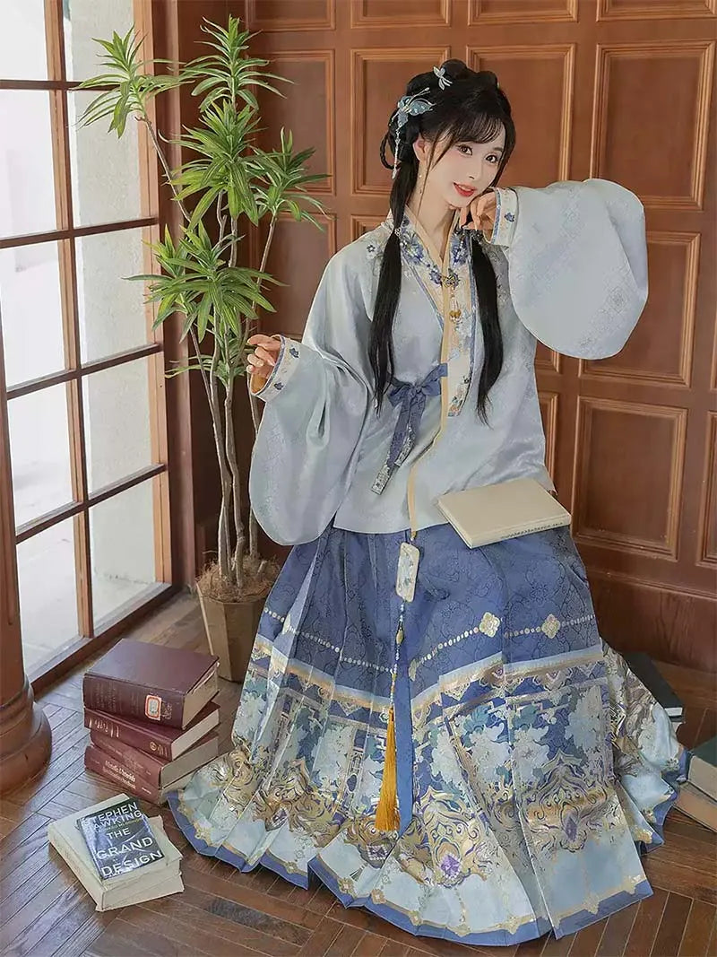 Mamian Qun | Blue Brocade Hanfu Set with Cross-Collar Jacket & Skirt