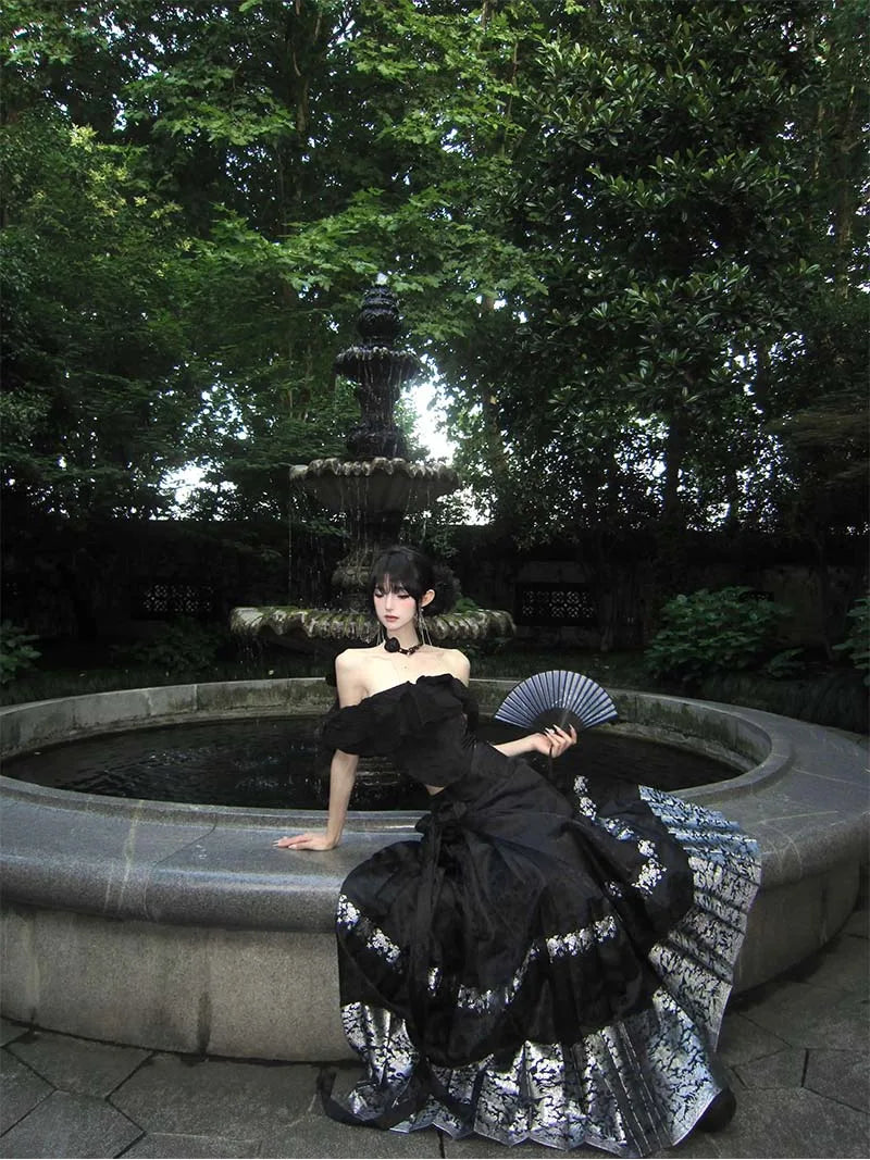 Mamian Qun Skirt black silver original Hanfu half skirt with brocade jacquard fabric