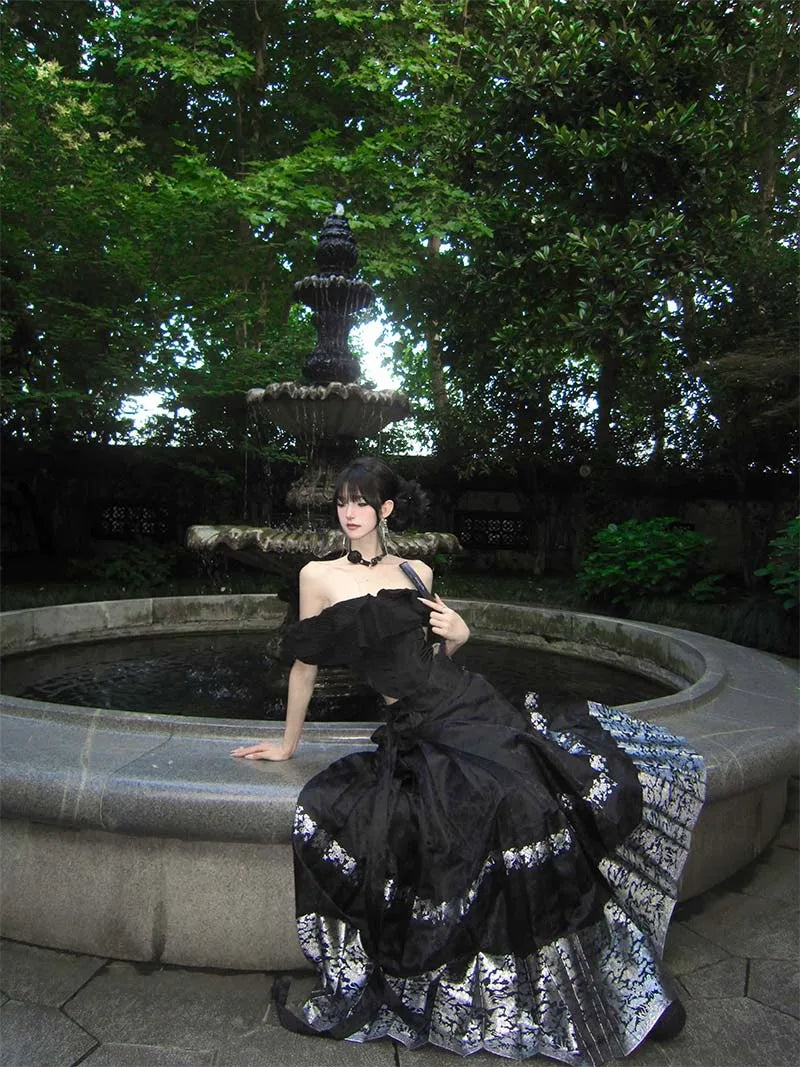 Mamian Qun Skirt black silver original Hanfu half skirt with brocade jacquard fabric