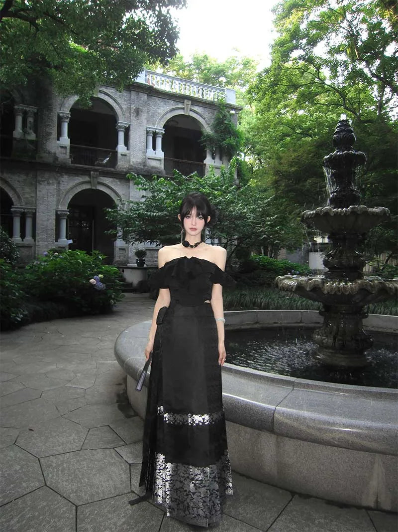 Mamian Qun Skirt black silver original Hanfu half skirt with brocade jacquard fabric