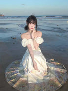 Mamian Skirt beige Hanfu half skirt with brocade jacquard, suitable for daily wear