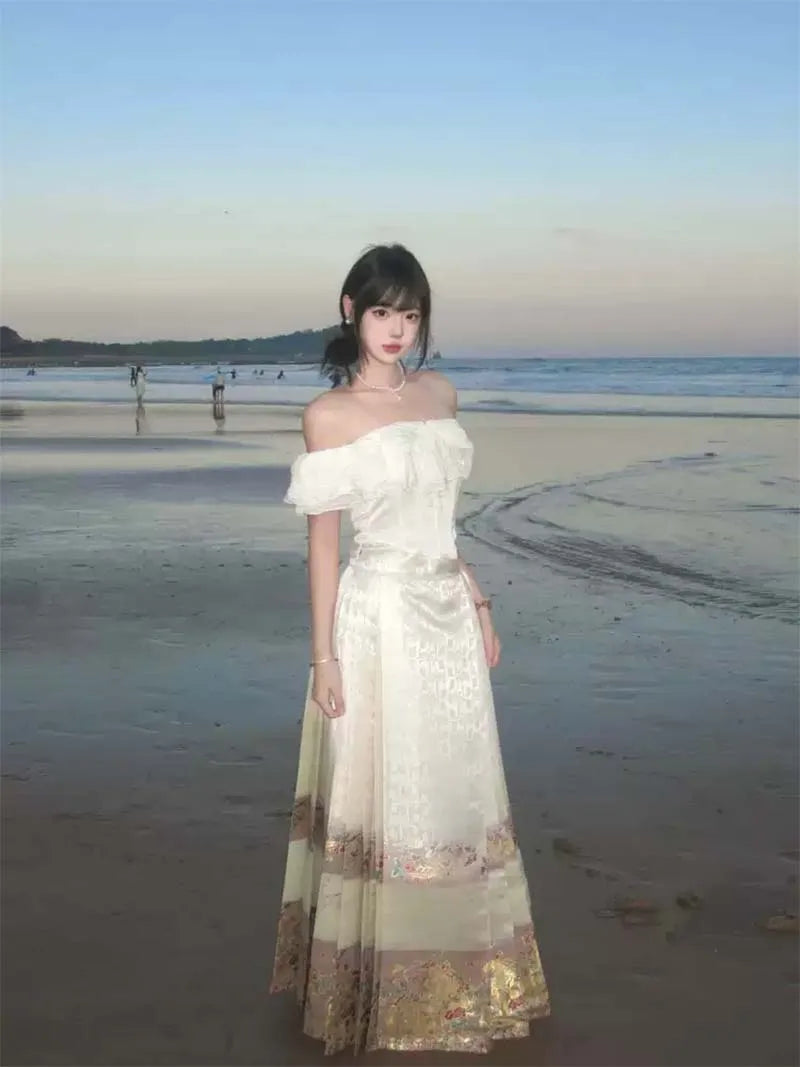 Mamian Skirt beige Hanfu half skirt with brocade jacquard, suitable for daily wear