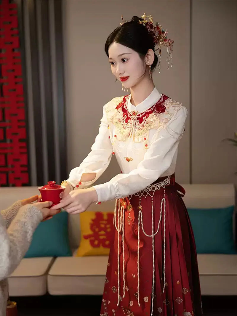 Elegant new Mamian Skirt Chinese wedding dress set for petite brides and autumn ceremonies