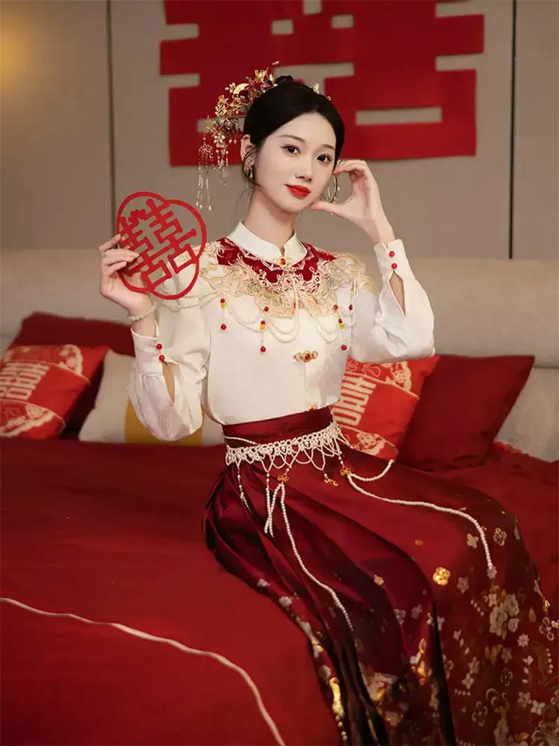 Elegant new Mamian Skirt Chinese wedding dress set for petite brides and autumn ceremonies