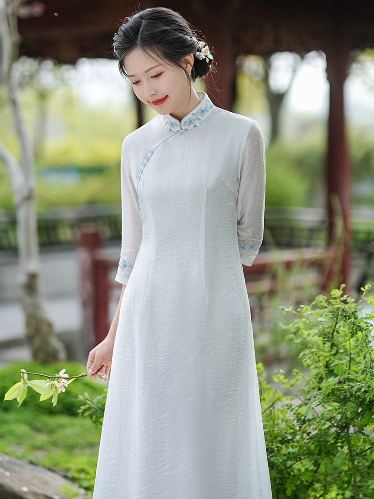 Mandarin Collar Hanfu Dress Embroidered Tencel Jacquard Tea Dress