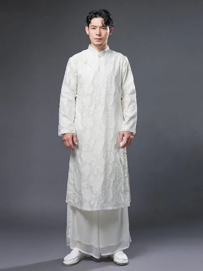 Men qipao with vintage Chinese stand collar and printed long robe design