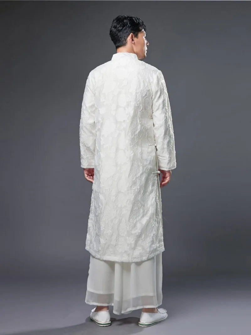 Men qipao with vintage Chinese stand collar and printed long robe design