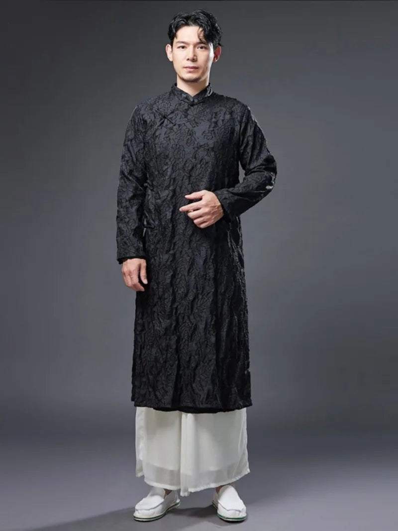 Men qipao with vintage Chinese stand collar and printed long robe design