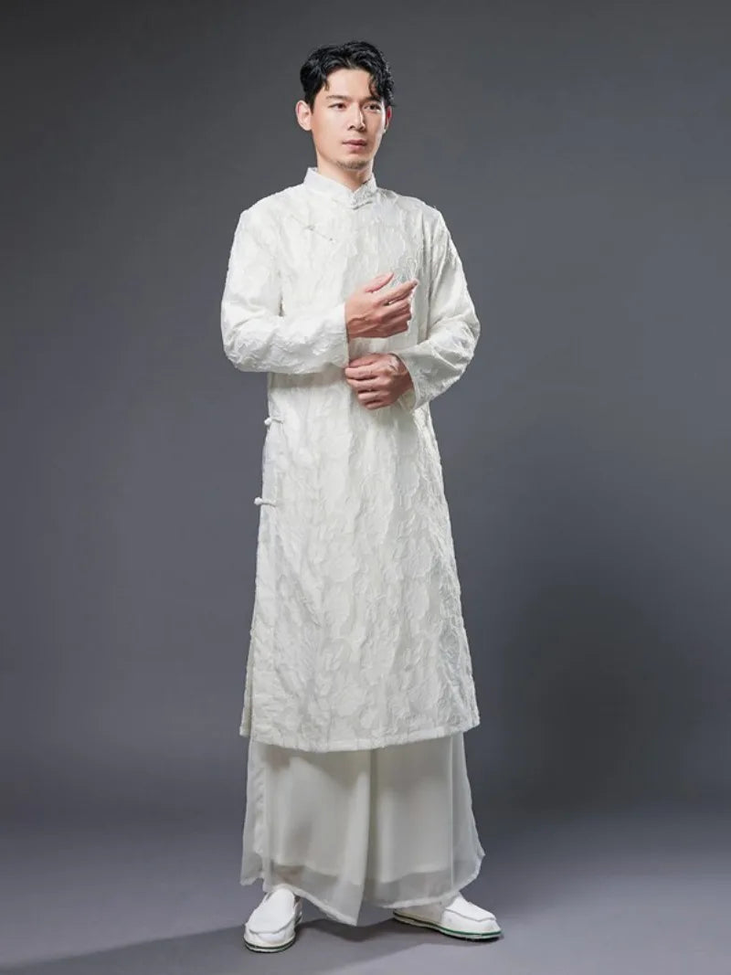 Men qipao with vintage Chinese stand collar and printed long robe design