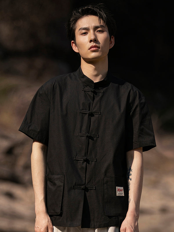 Stylish Men’s Short-Sleeved Shirt Loose Plate Buckle Shirt