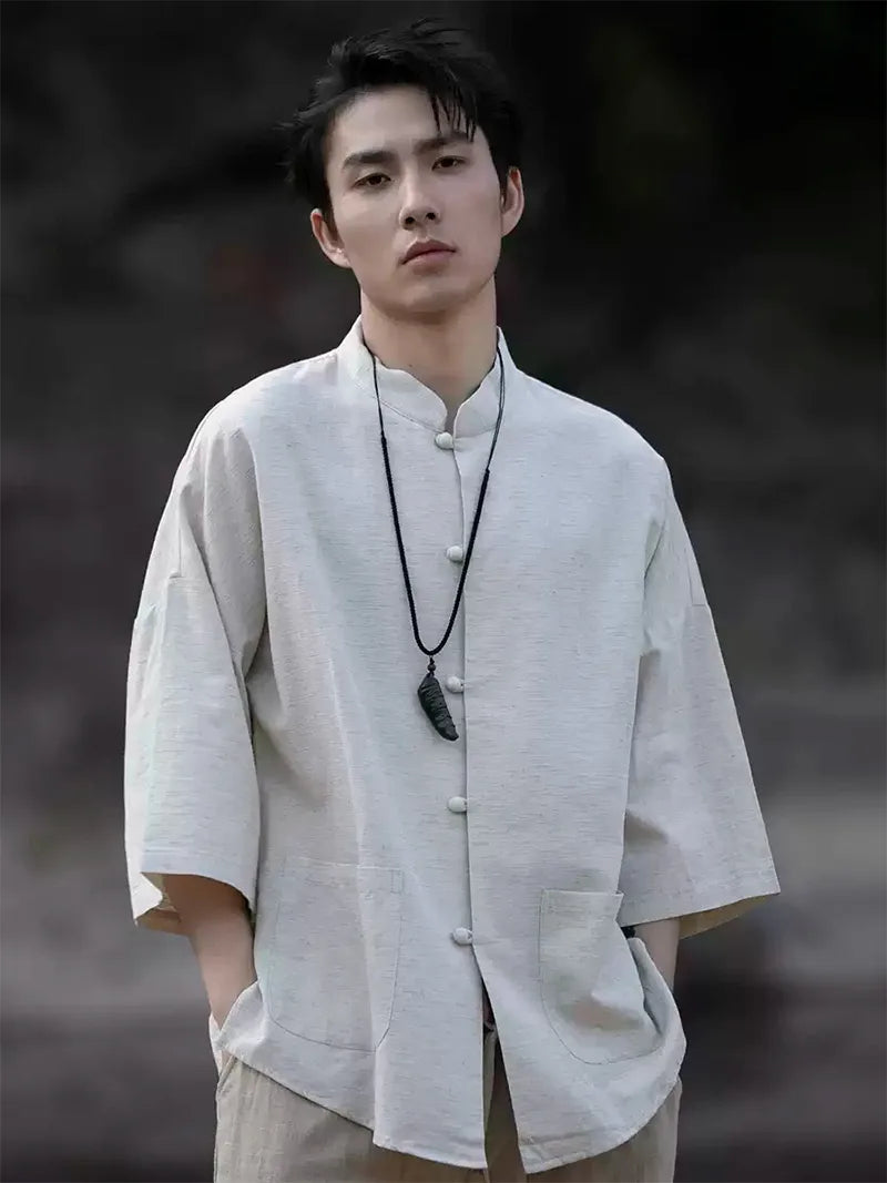 Mens Tang suit top linen Chinese shirt with 3/4 sleeves, casual lightweight summer top for men