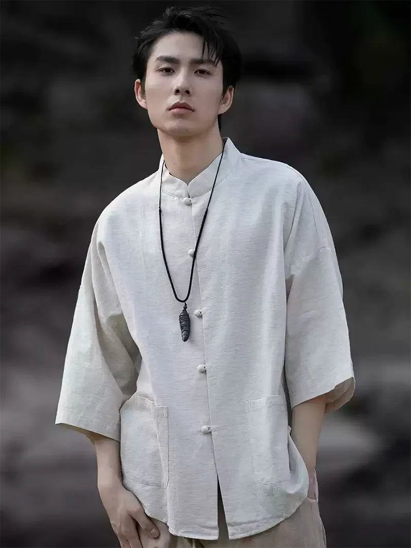 Mens Tang suit top linen Chinese shirt with 3/4 sleeves, casual lightweight summer top for men