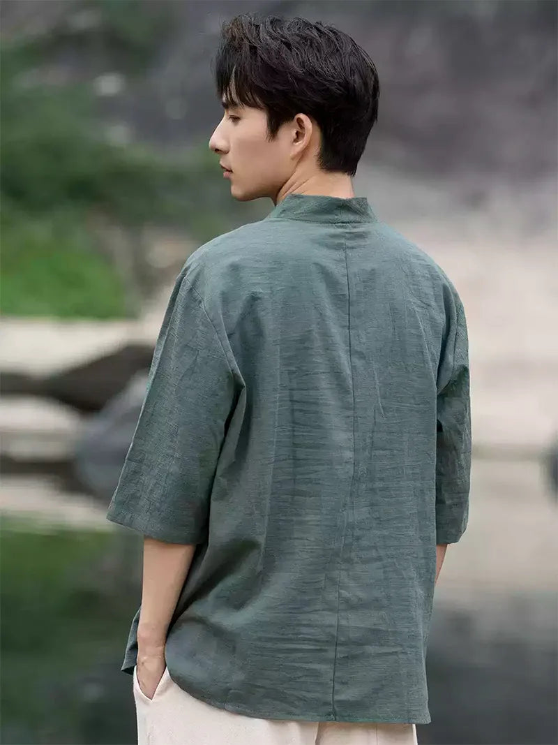 Men's Tang Suit summer short sleeve linen-cotton shirt with V-neck and traditional Chinese frog buttons