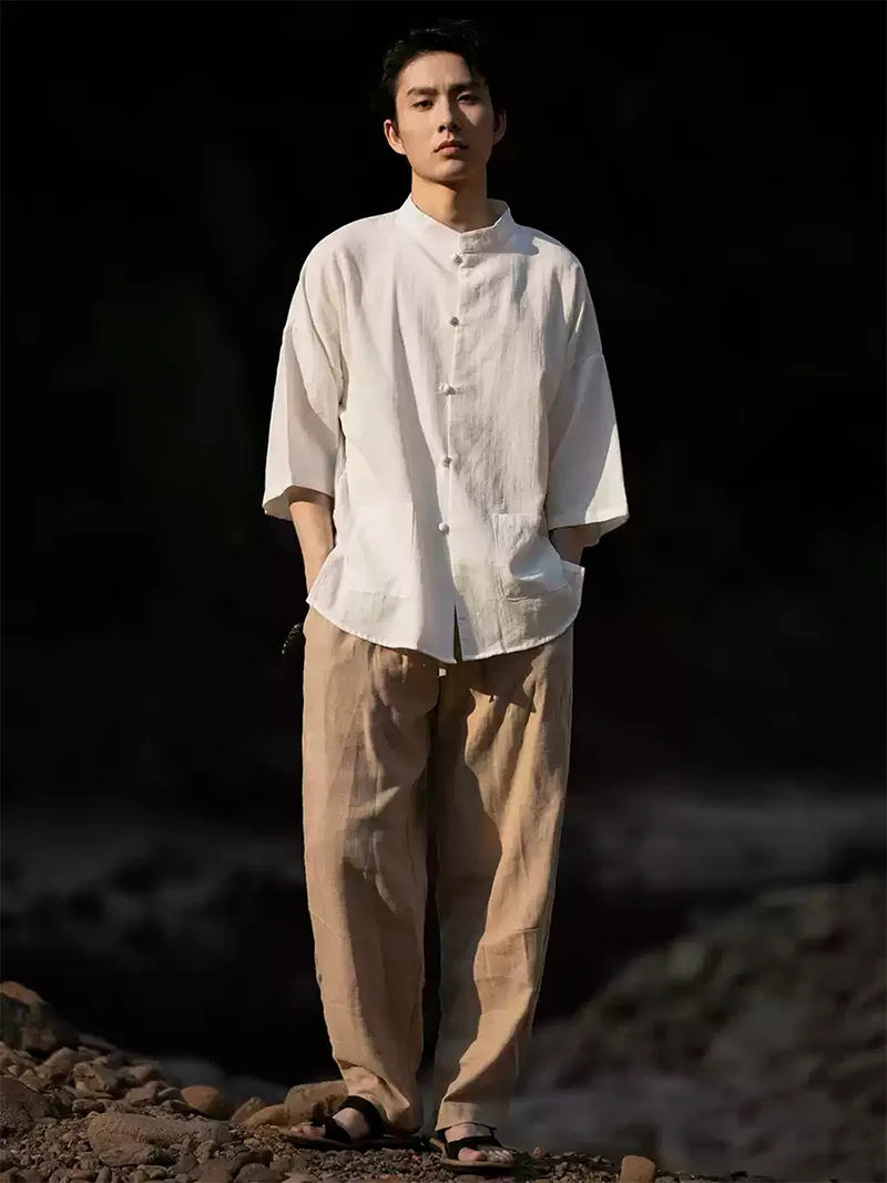 Mens Tang suit top linen Chinese shirt with 3/4 sleeves, casual lightweight summer top for men