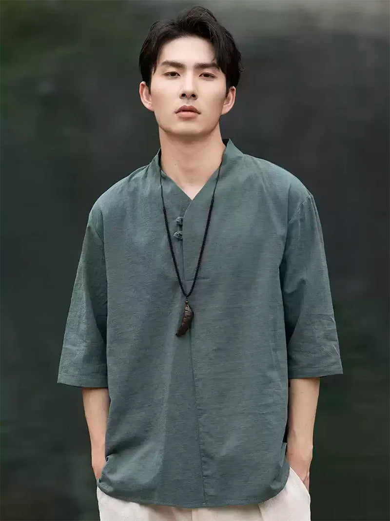 Men's Tang Suit summer short sleeve linen-cotton shirt with V-neck and traditional Chinese frog buttons