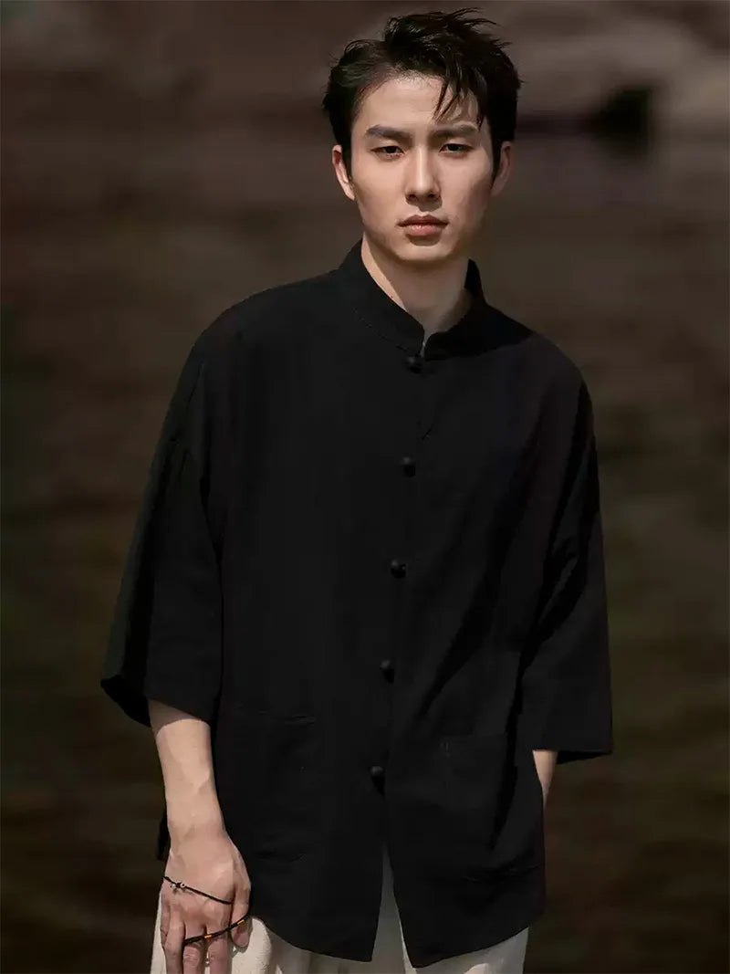 Mens Tang suit top linen Chinese shirt with 3/4 sleeves, casual lightweight summer top for men