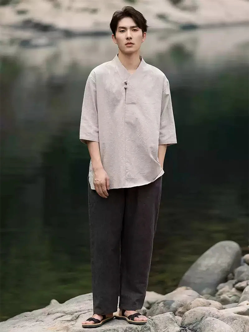 Men's Tang Suit summer short sleeve linen-cotton shirt with V-neck and traditional Chinese frog buttons