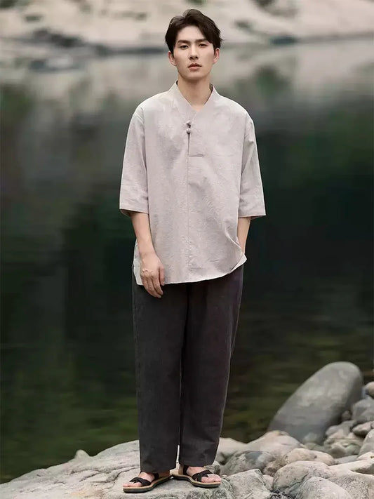 Men's Tang Suit | Summer Chinese Style Short Sleeve Linen Shirt