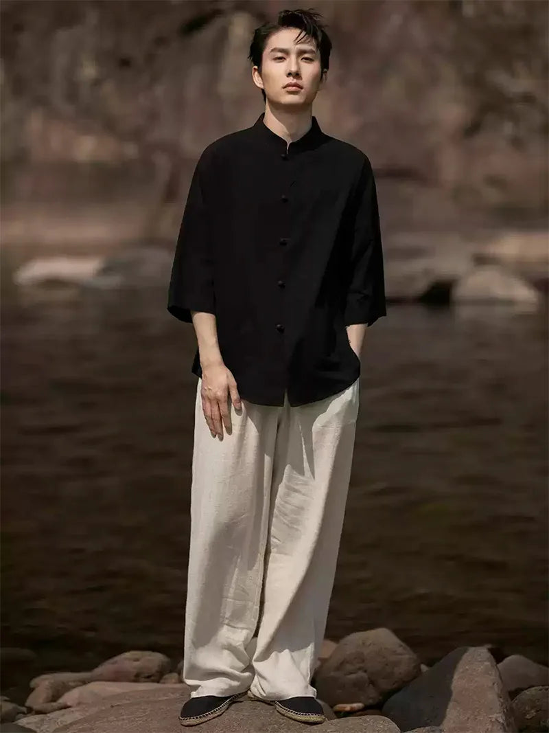 Mens Tang suit top linen Chinese shirt with 3/4 sleeves, casual lightweight summer top for men