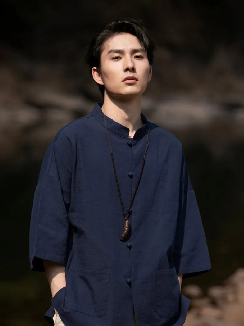 Mens Tang suit top linen Chinese shirt with 3/4 sleeves, casual lightweight summer top for men