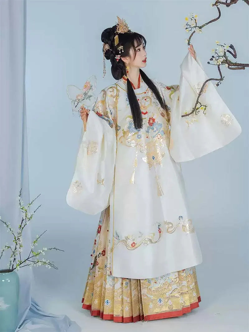Ming Dynasty Hanfu | Brocade Round Collar Robe & Horse Face Skirt Set
