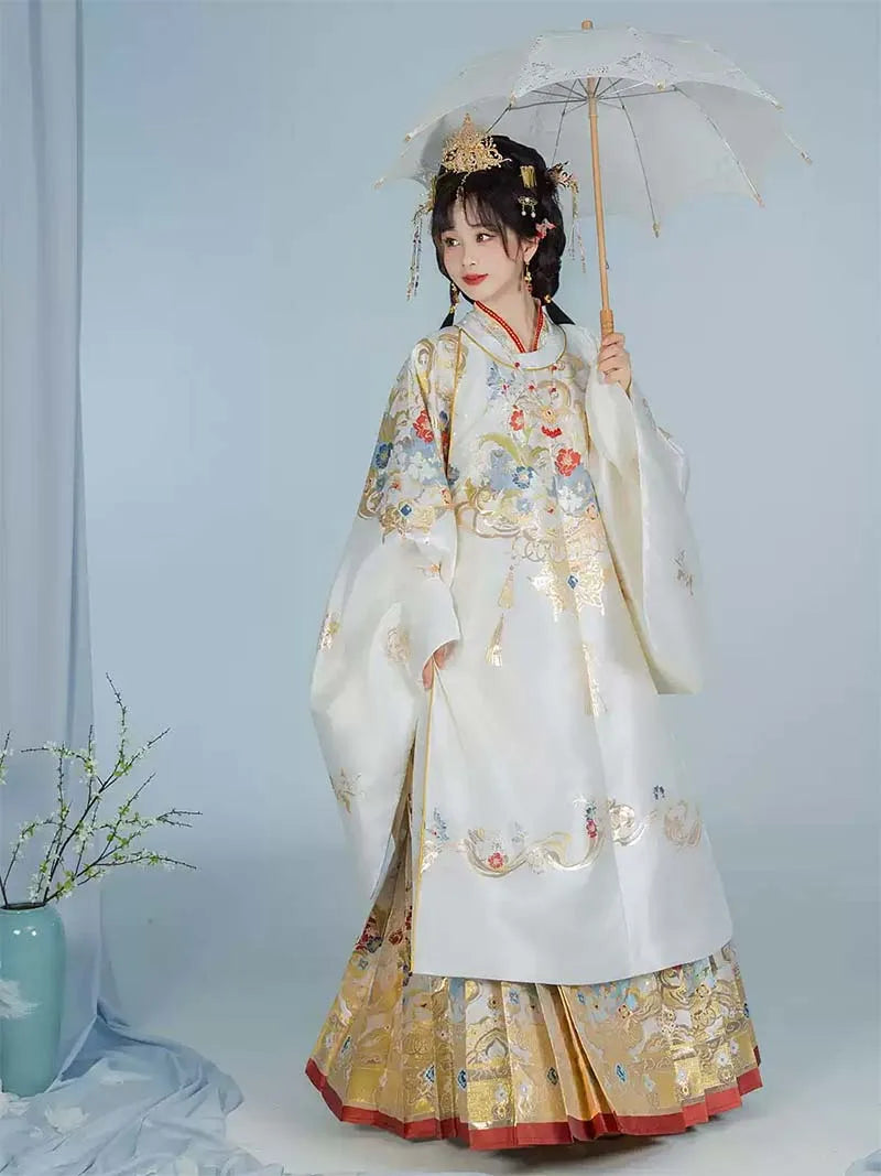 Ming Dynasty Hanfu | Brocade Round Collar Robe & Horse Face Skirt Set