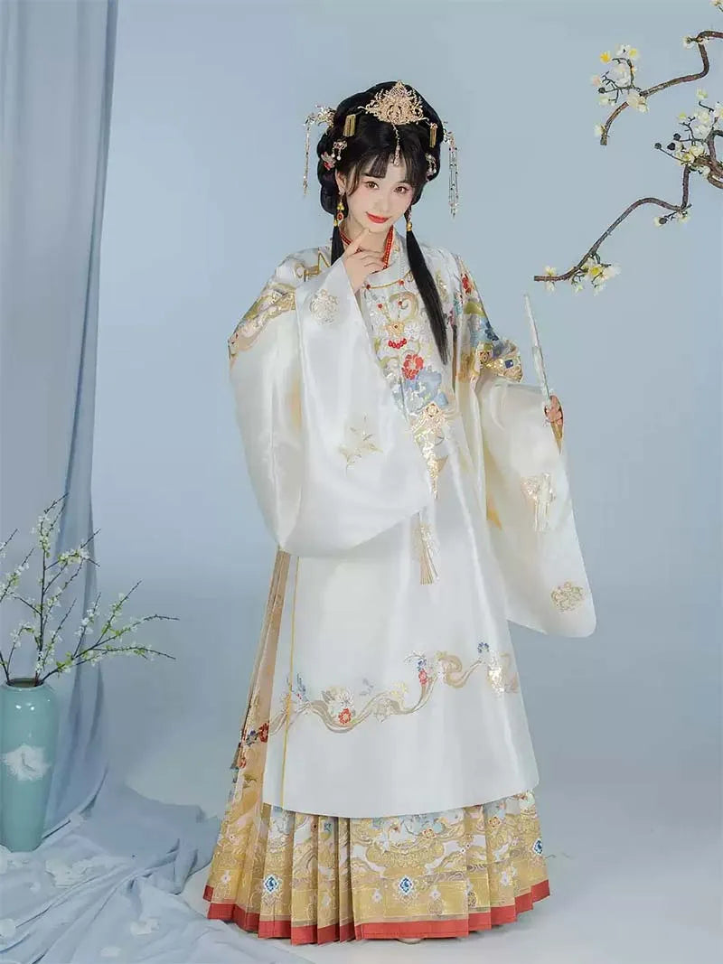 Ming Dynasty Hanfu | Brocade Round Collar Robe & Horse Face Skirt Set