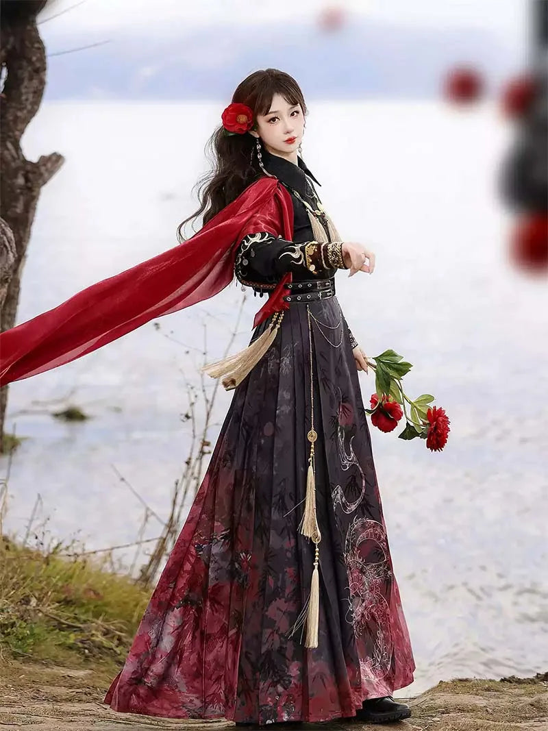 Modern hanfu clothing set with wuxia style gradient half skirt for women