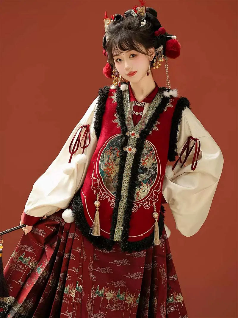 Modern hanfu female outfit with pipa sleeves, brocade mamian skirt, and festive vest top