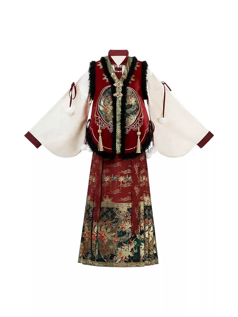 Modern hanfu female outfit with pipa sleeves, brocade mamian skirt, and festive vest top