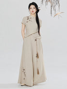 Modern Hanfu Pants Set Women – Embroidered Linen Feel Top & Wide Leg Trousers