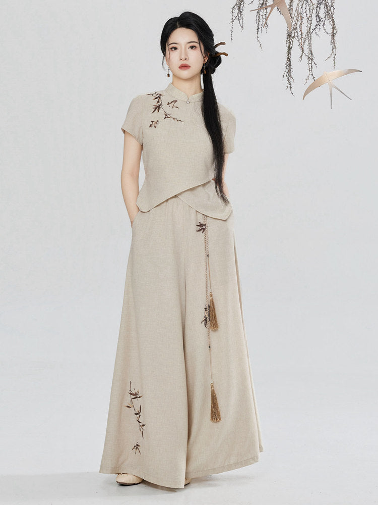 Modern Hanfu Pants Set Women – Embroidered Linen Feel Top & Wide Leg Trousers