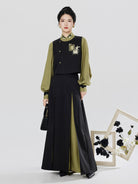 Modern Hanfu Three Piece Set Women – Embroidered Vest, Stand Collar Blouse & Flowing Skirt