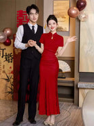 Red Modern Qipao wedding dress, elegant cheongsam bridal gown for engagement, wedding day celebrations, and tea ceremony, young bride style